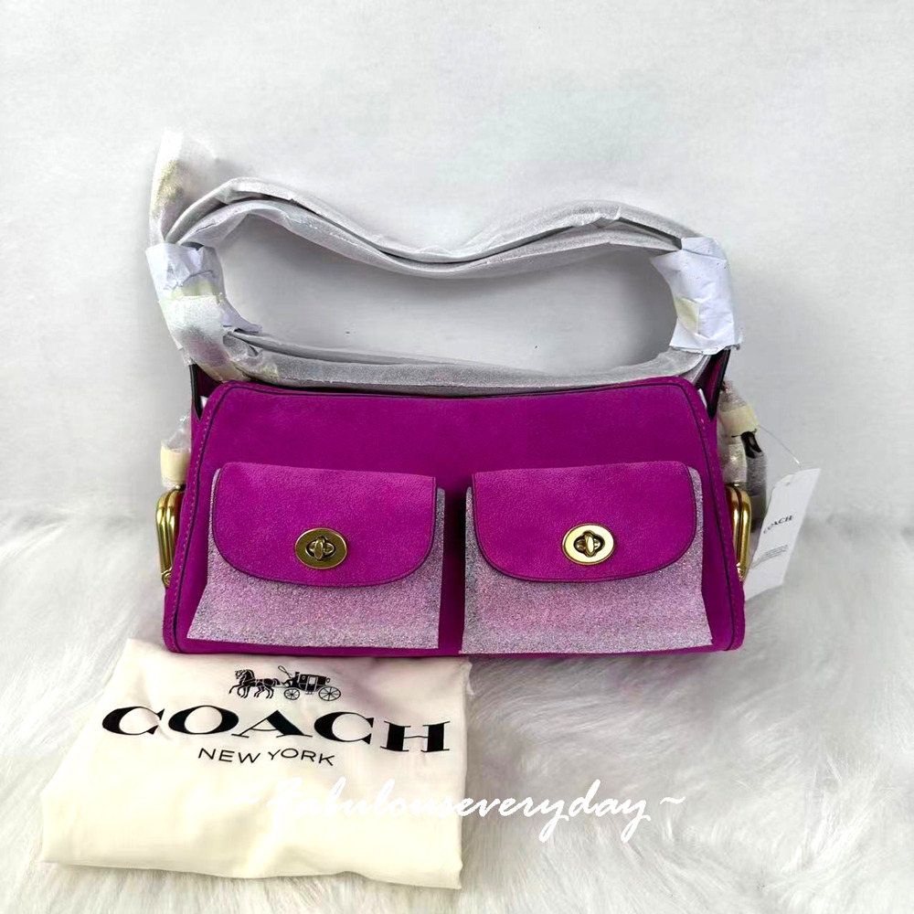 Coach Turnlock Haversack Bag 27 Shoulder/Crossbody Suede/Brass/Magenta CFQ59 NWT